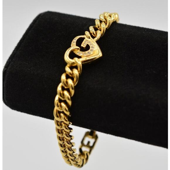 Givenchy Vintage Logo Heart Bracelet Crystal Gold Cuban Chain Signed 1980s Bin2 - Picture 1 of 12